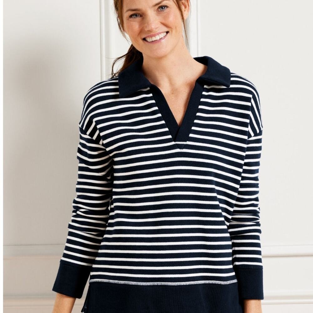 T Talbots French Terry Top Womens 2X Blue Wander Striped Johnny Collar Pullover